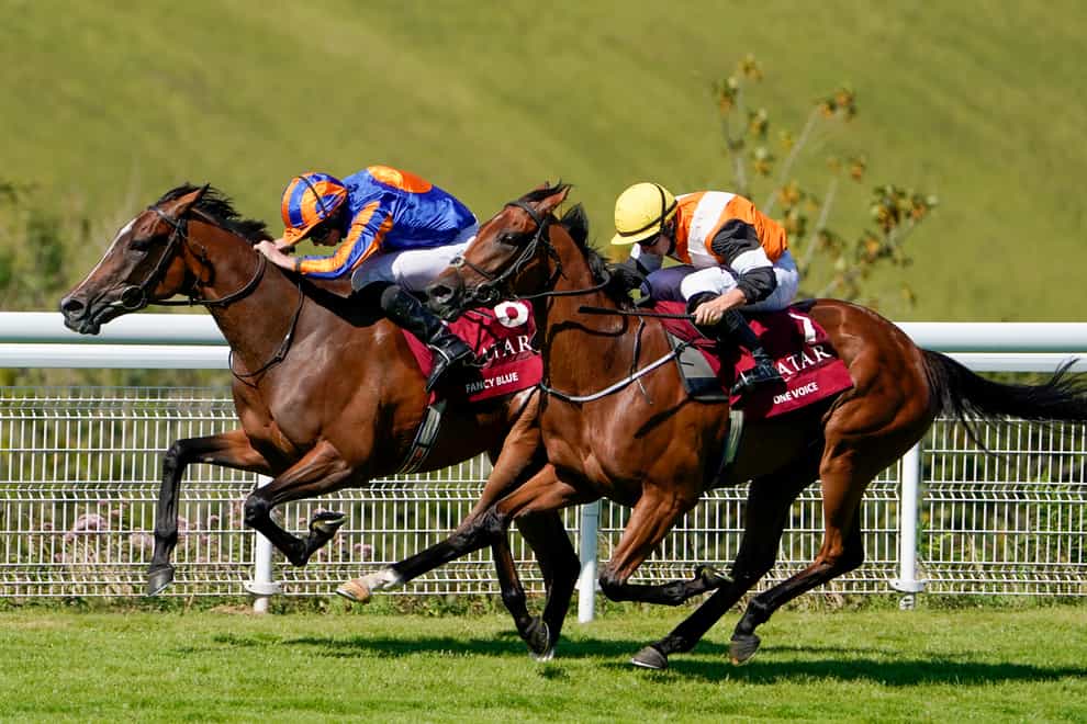 Fancy Blue (left) on her way to winning the Nassau Stakes