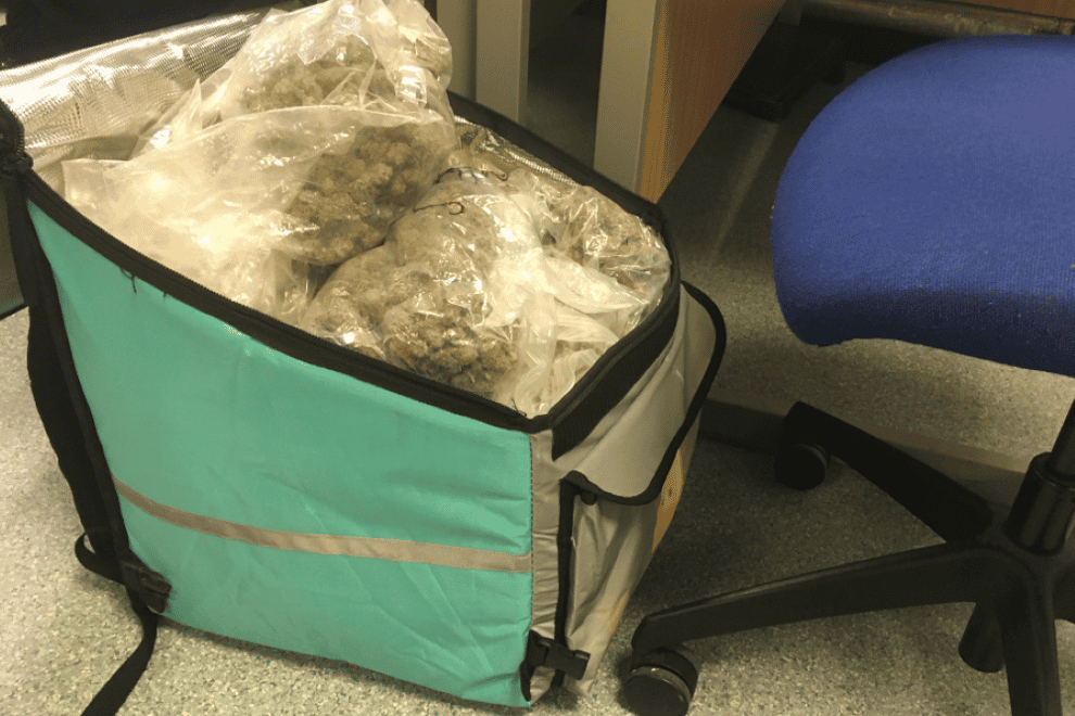 A Deliveroo bag full of cannabis seized by Merseyside Police in Toxteth, Liverpool