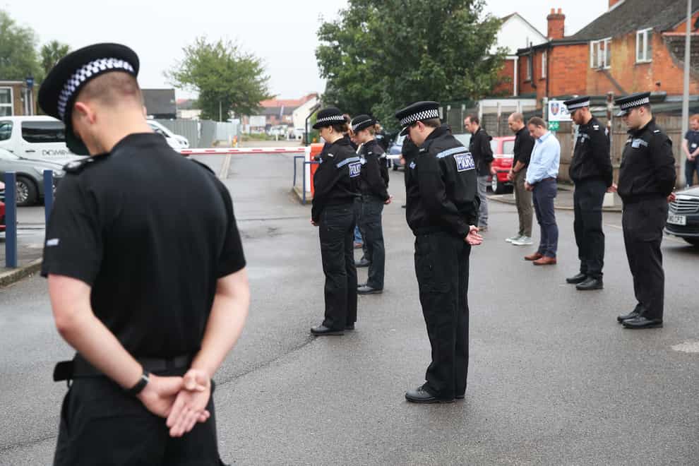 Thames Valley Police officers attend a memorial service for Pc Andrew Harper at Newbury police station to mark the first anniversary of his death