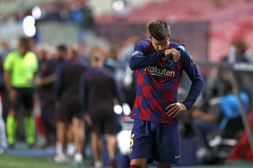 Gerard Pique reacts after the Barcelona's Champions League thrashing by Bayern Munich