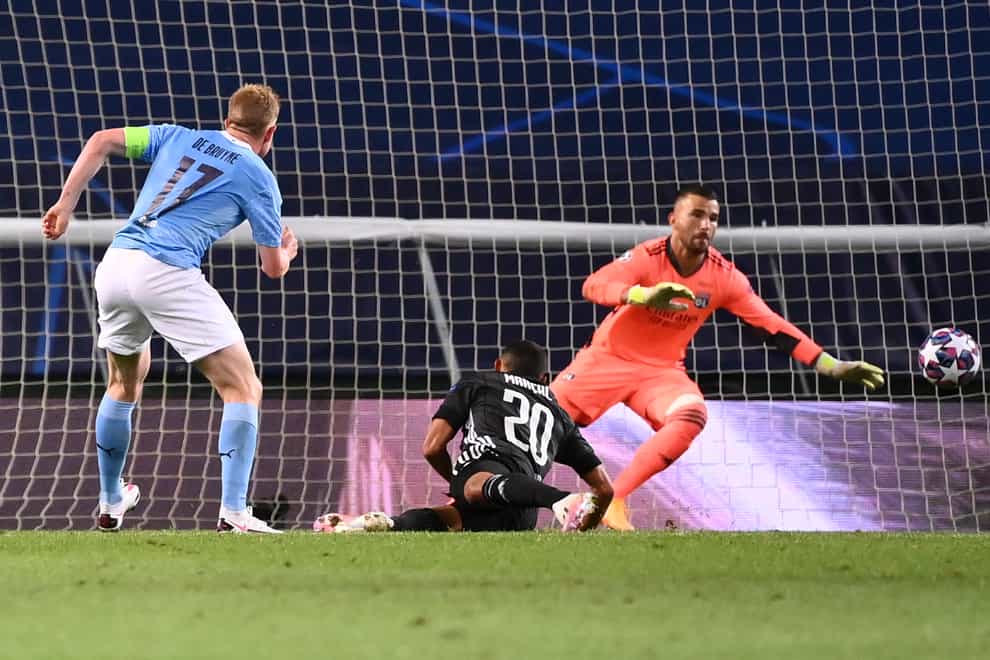 Manchester City’s Kevin De Bruyne, left, equalises against Lyon but the French side ran out 3-1 winners in the Champions League quater-finals