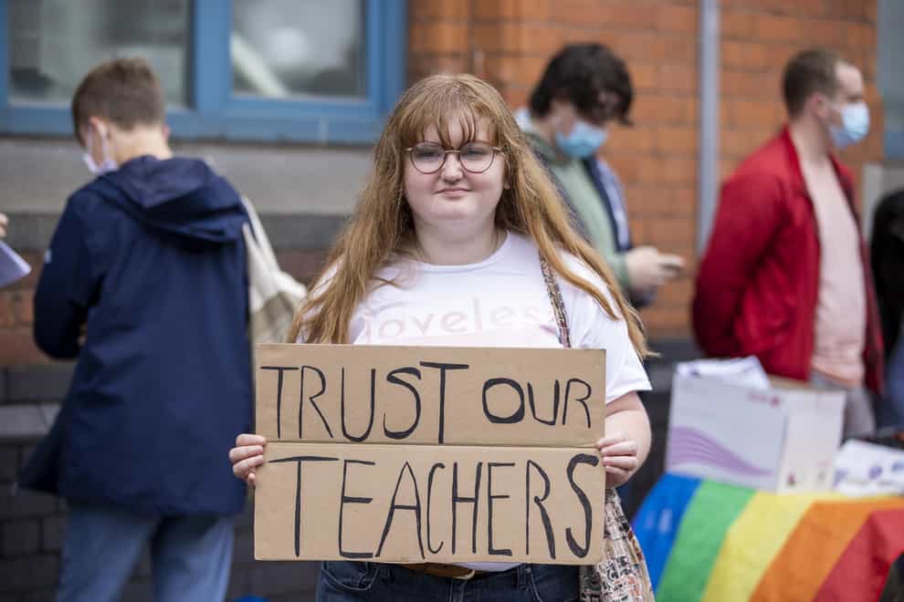 Zara Meadows, a student from Belfast Royal Academy, during a protest at the Northern Ireland Education Authority