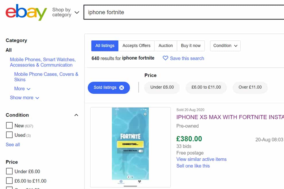 iPhones with Fortnite installed go on sale via eBay