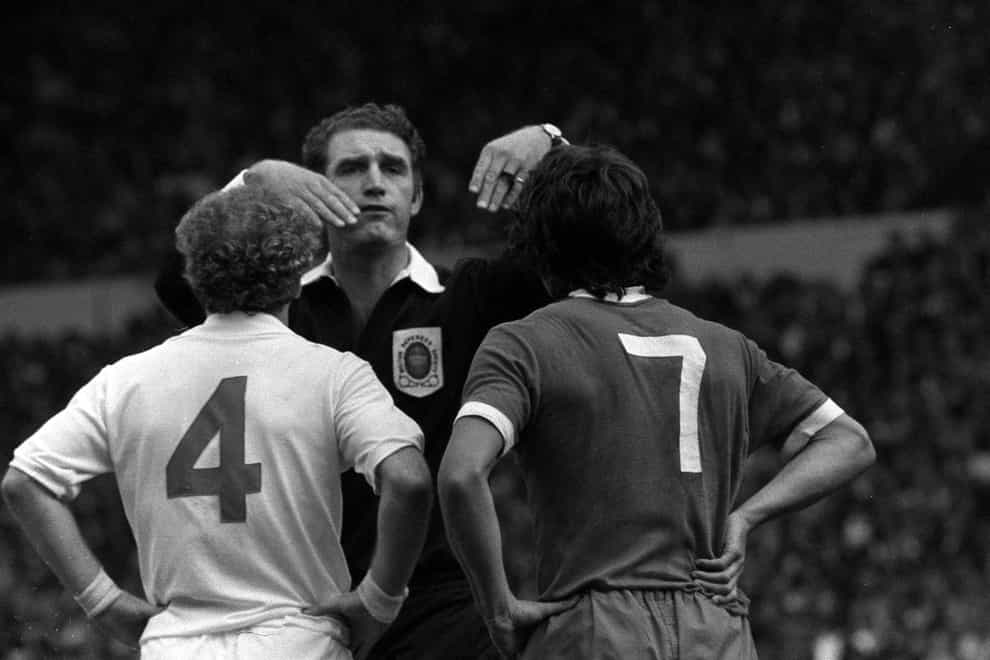 Leeds captain Billy Bremner (left) and Liverpool’s Kevin Keegan are both dismissed by referee Bob Matthewson during the 1974 FA Charity Shield game at Wembley