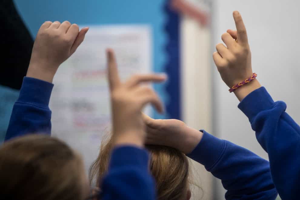 Schoolchildren raise their hands in class