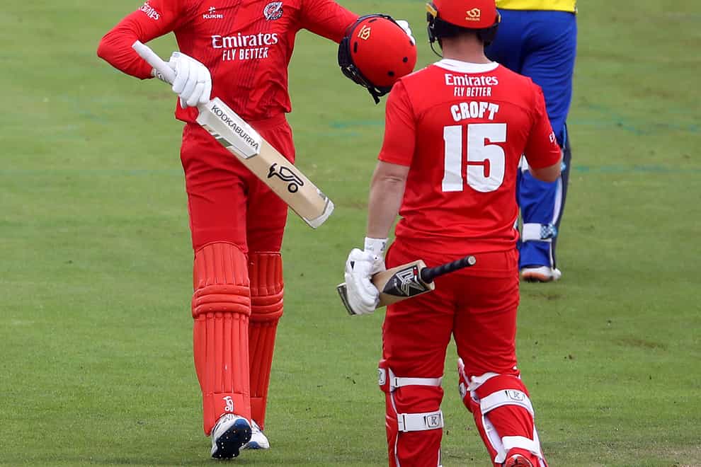 Lancashire's Keaton Jennings, left, hit 108 off 63 balls, sharing a record-breaking opening stand of 170 with Alex Davies