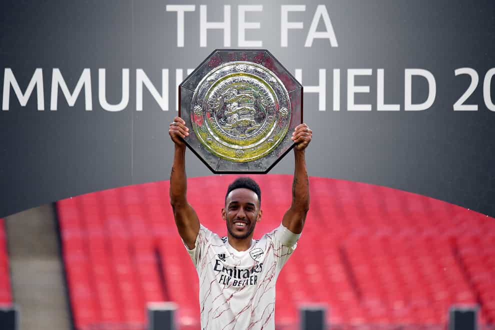 Pierre-Emerick Aubameyang celebrates with the trophy after Arsenal's Community Shield win