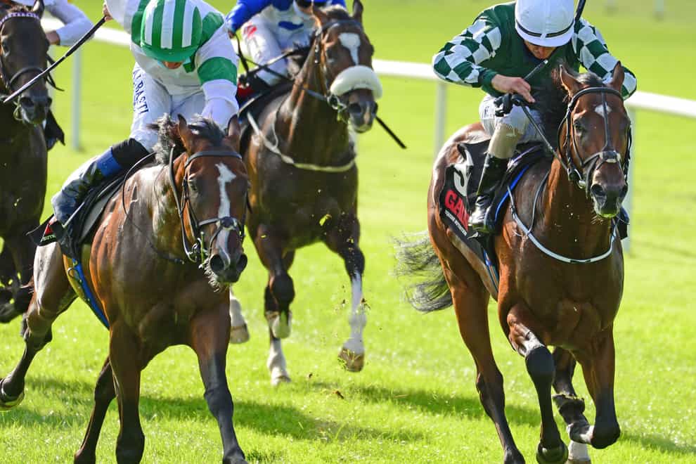 Laws Of Indices (left) winning the GAIN Railway Stakes (Group 2) from Lucky Vega (right) at Curragh Racecourse