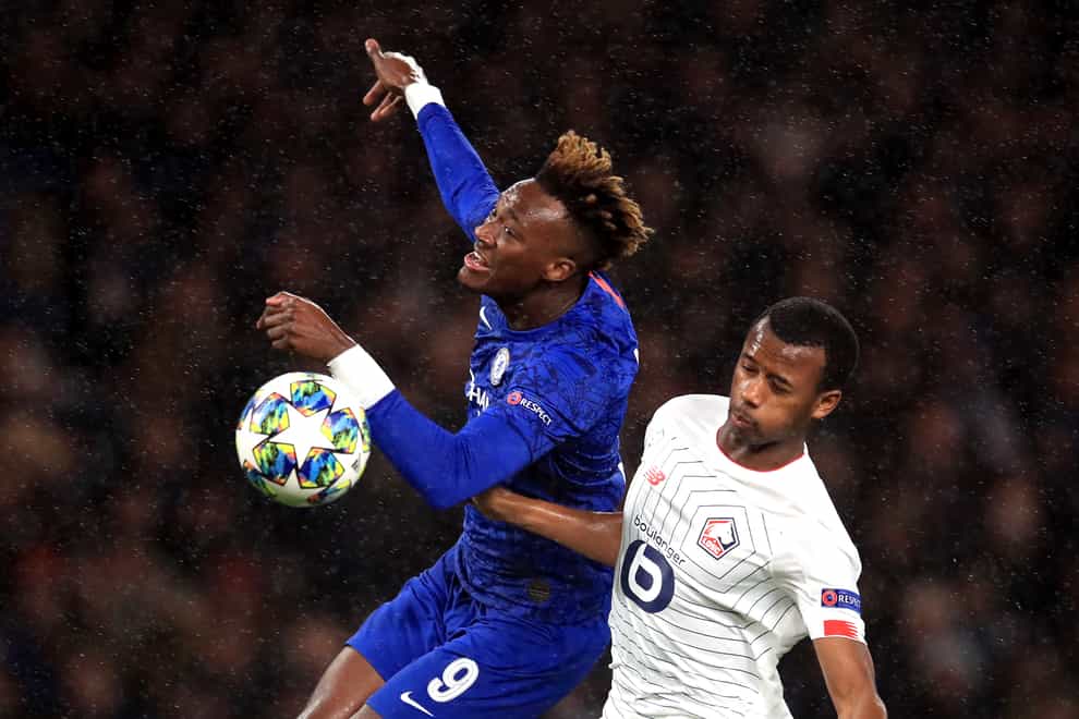 Magalhaes Gabriel (right), pictured challenging Chelsea's Tammy Abraham during a Champions League match at Stamford Bridge.