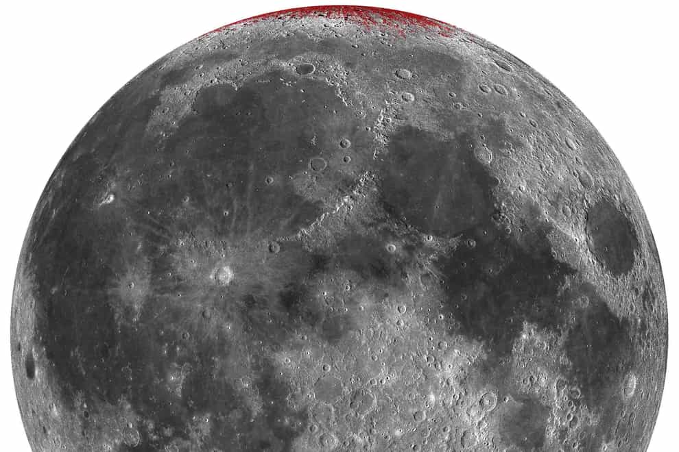 Enhanced map of hematite (red color) on Moon using a spheric projection