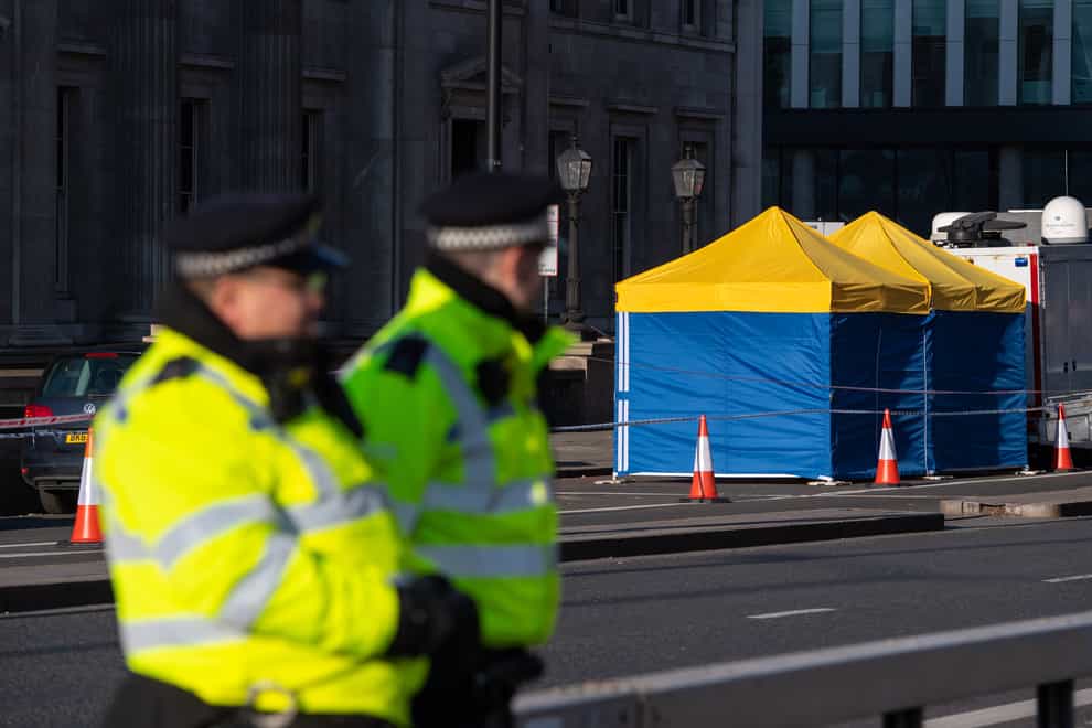 Police tents outside Fishmonger’s Hall, on London Bridge
