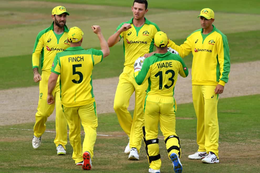 Australia’s Josh Hazlewood, centre, took the wicket of England's Tom Banton on Tuesday