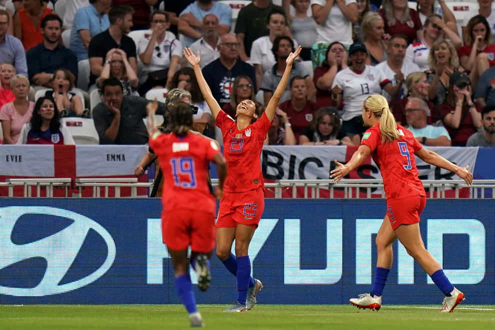 Christen Press (centre) scored against England in the World Cup semi-finals last year