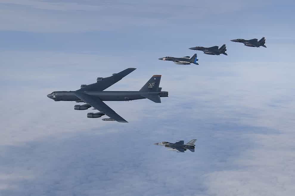 A US Air Force B-52H Stratofortress leads a formation of US F-15C Eagles, F-15E Strike Eagles and Royal Netherlands Air Force F-16’s over the North Se