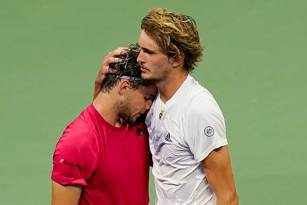 Alexander Zverev, right, hugs Dominic Thiem after their epic US Open final