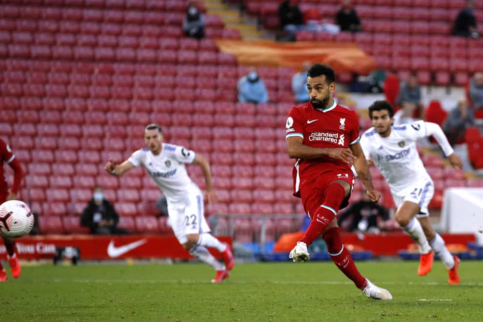 Liverpool’s Mohamed Salah scores his side’s winner from the penalty spot against Leeds