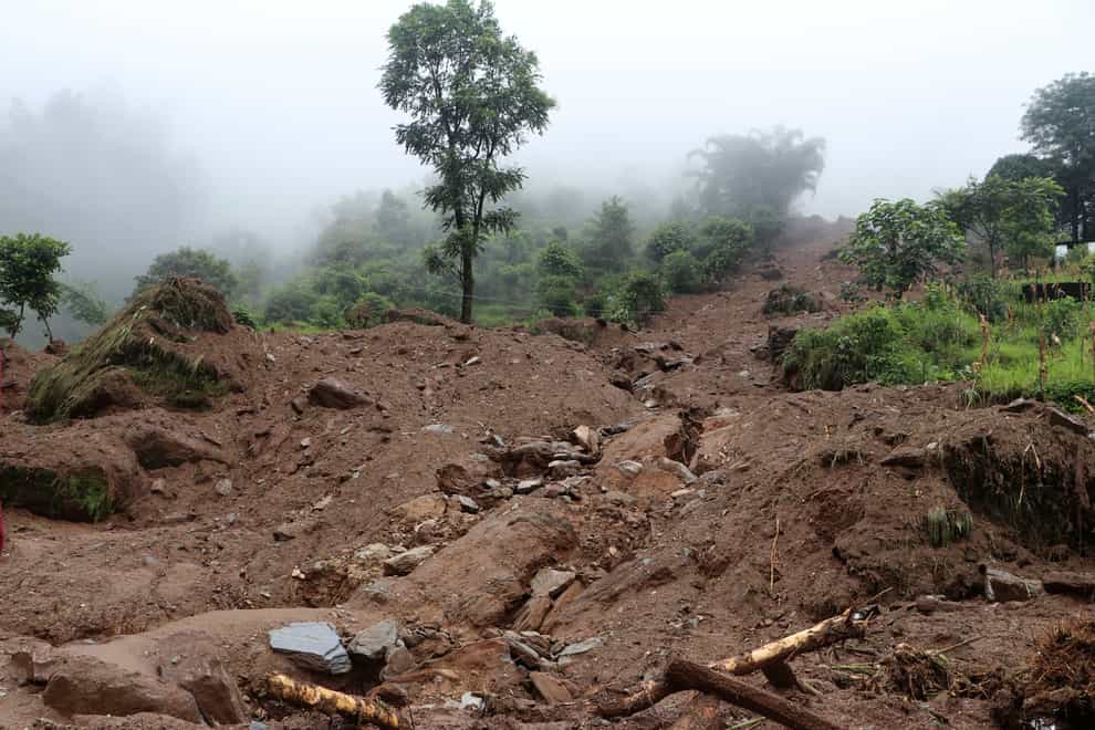 A shocking scene of debris after a landslide stuck in Sindhupalchowk district 
