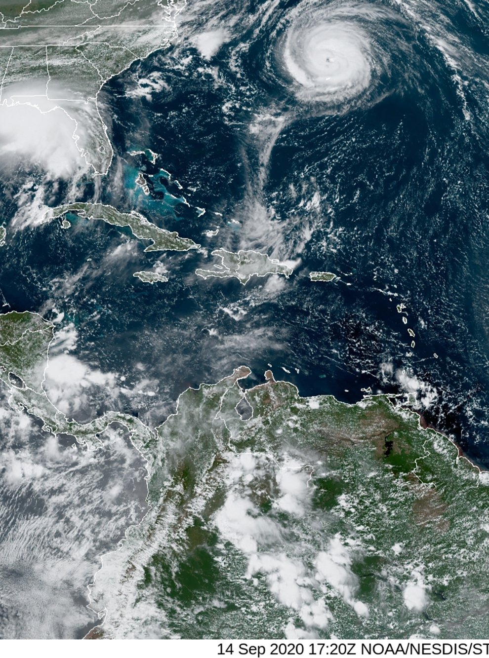 This satellite image shows five tropical hurricanes churning in the Atlantic on Monday afternoon