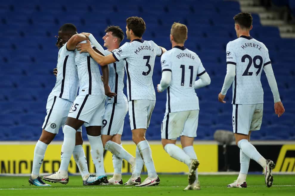 Chelsea celebrate their third goal during their win over Brighton