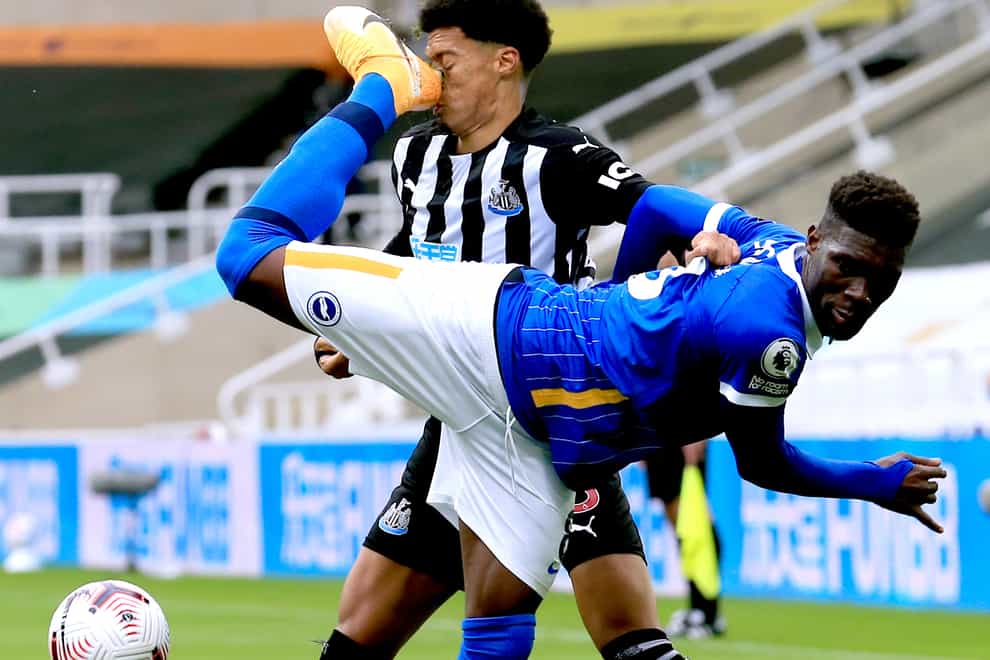 Yves Bissouma (front) was given a red card after he back heeled Newcastle defender Jamal Lewis during Brighton's 3-0 win at St James' Park