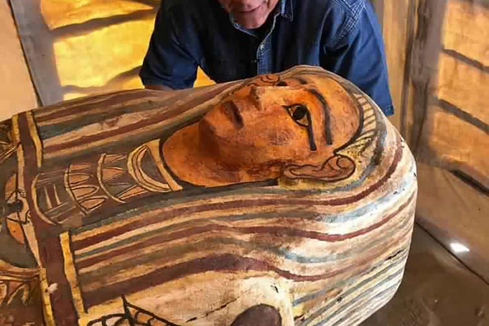 One of more than two dozen ancient coffins unearthed near the famed Step Pyramid of Djoser in Saqqara, south of Cairo, Egypt (Ministry of Tourism and Antiquities/AP)