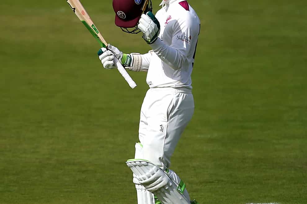 Somerset’s Eddie Byrom celebrates making 100 on day two of the Bob Willis Trophy Final at Lord’s