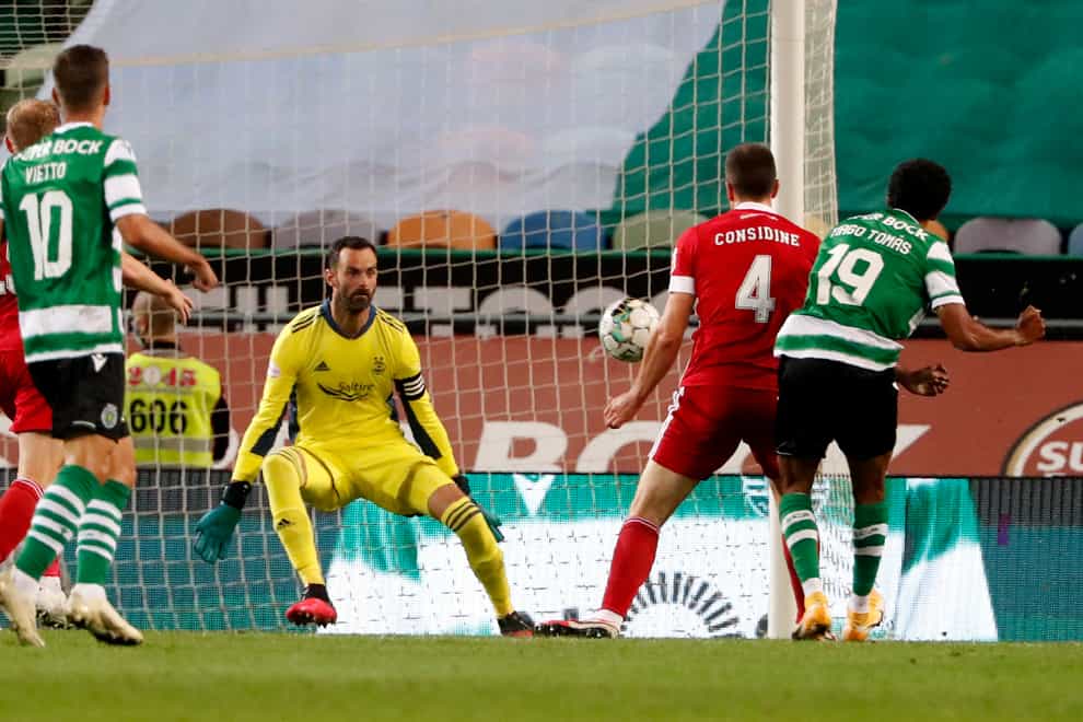 Tiago Tomas, right, scored the only goal of the game between Sporting Lisbon and Aberdeen