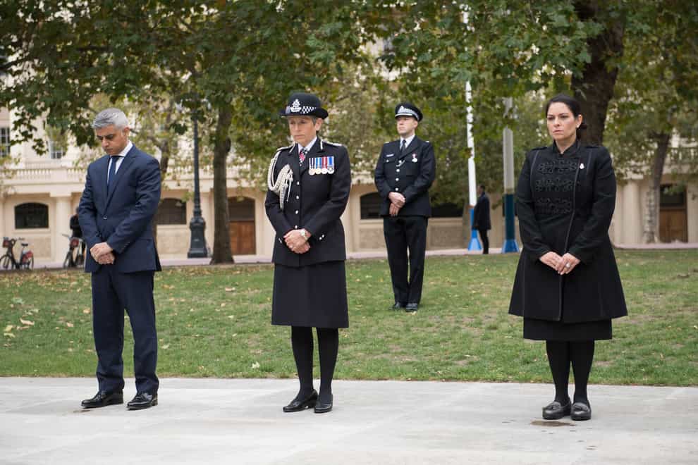 Met Police Commissioner Dame Cressida Dick alongside London Mayor Sadiq Khan and Home Secretary Priti Patel at the National Police Memorial in London