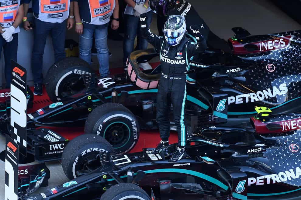 Valtteri Bottas celebrates winning the Russian Grand Prix. Mercedes team-mate Lewis Hamilton finished third after a 10-ponit penalty