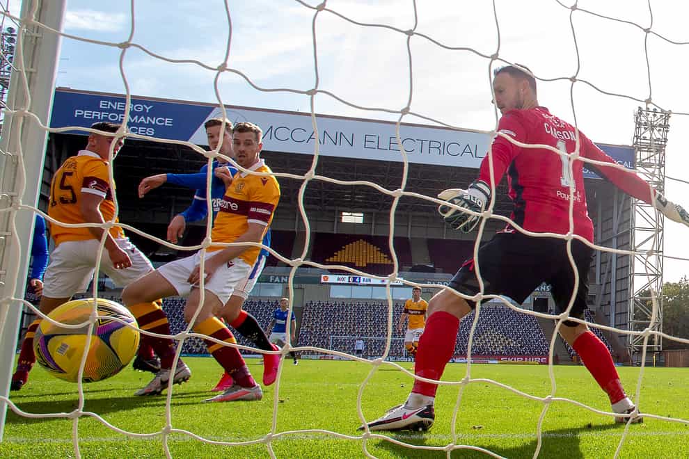 Cedric Itten, centre left, scores Rangers' fourth goal in their 5-1 win at Motherwell