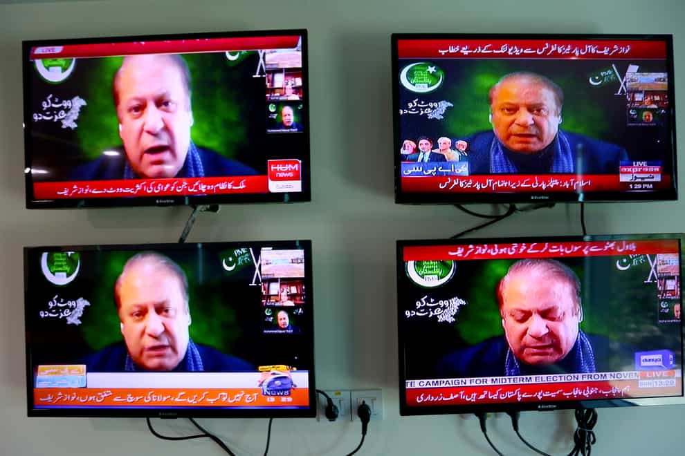 Pakistani news channels show former prime minister Nawaz Sharif's speech