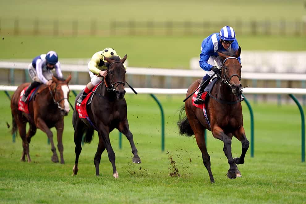 Nazeef and Jim Crowley (right) on the way to winning the Kingdom of Bahrain Sun Chariot Stakes at Newmarket