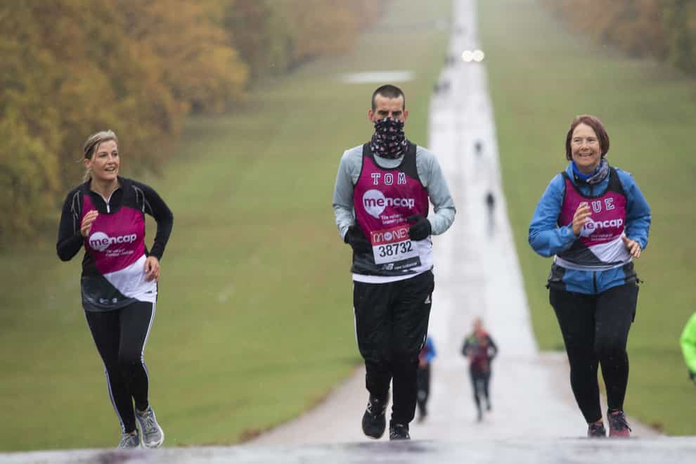 The Countess of Wessex joined Tomas Cardillo-Zallo, a member of Mencap’s learning disability running team and his mother Sue, for the first 1.5 miles of their virtual London Marathon on the Long Walk in Windsor