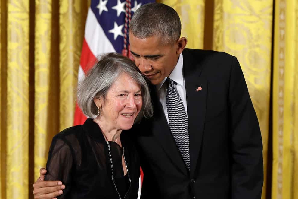 Poet Louise Gluck, who has been awarded the Nobel Prize for literature, with Barack Obama in 2015