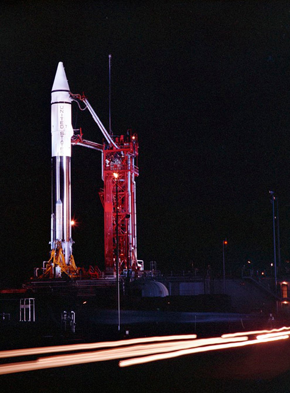 An Atlas Centaur 7 rocket on the launchpad at Cape Canaveral