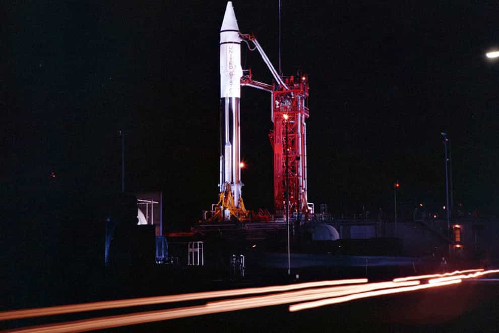An Atlas Centaur 7 rocket on the launchpad at Cape Canaveral