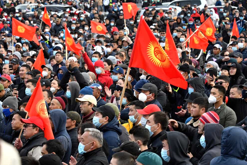 People protest during a rally on the central square in Bishkek, Kyrgyzstan (Vladimir Voronin/AP)