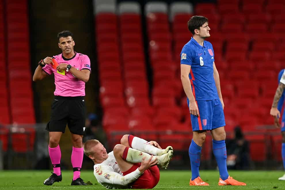 Harry Maguire was sent off in the first half of England's Nations League defeat to Denmark.