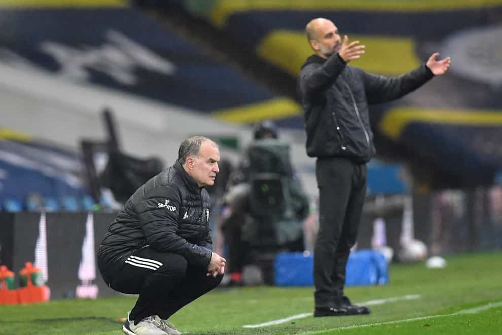 Leeds manager Marcelo Bielsa (left) and Manchester City boss Pep Guardiola have both offered their support to local clubs down the pyramid