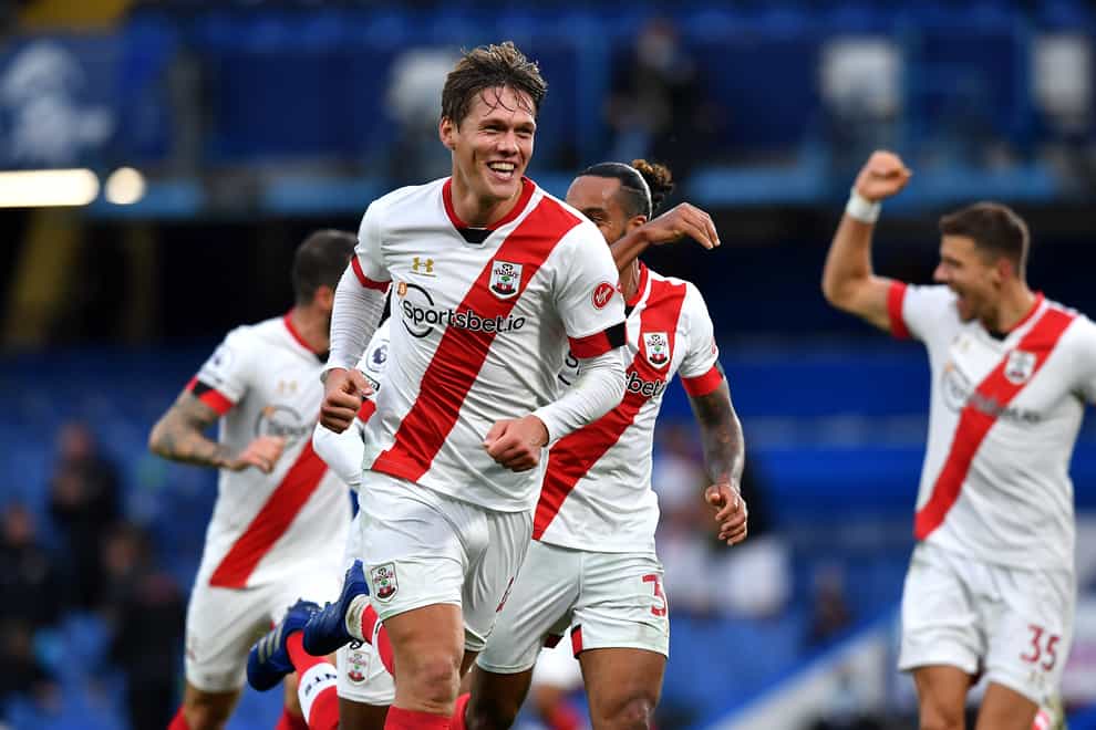Southampton’s Jannik Vestergaard celebrates scoring a late equaliser at Chelsea