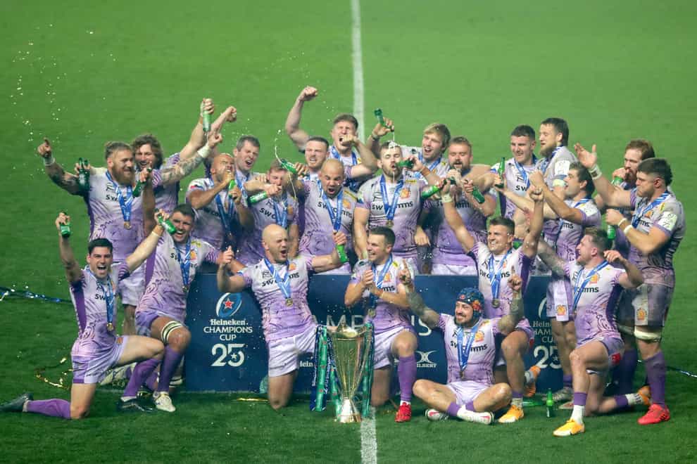 Exeter Chiefs celebrate with the trophy after the European Champions Cup Final at Ashton Gate