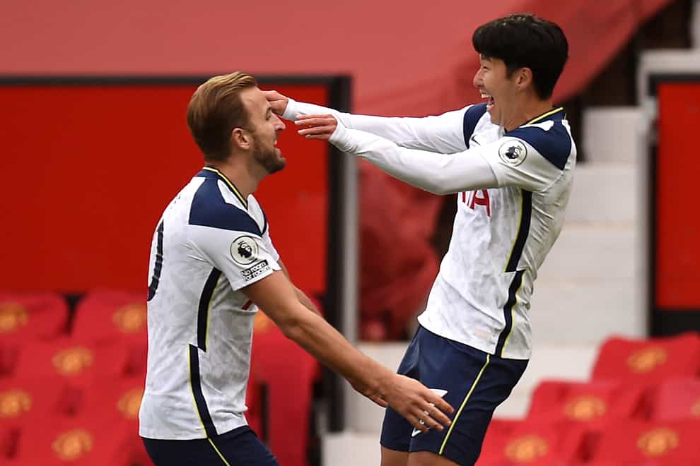 Harry Kane, left, and Son Heung-min celebrate Son's goal against Manchester United