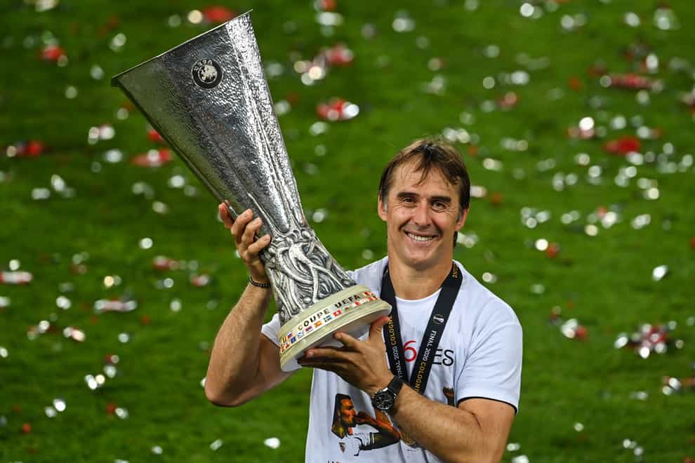 Julen Lopetegui, pictured with the 2020 Europa League trophy, believes Chelsea could win the Champions League