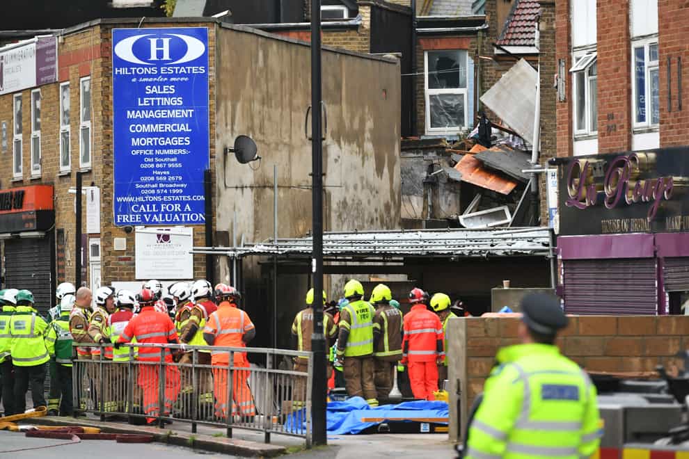 Emergency services at the scene of a suspected gas explosion on King Street in west London (Dominic Lipinski/PA)