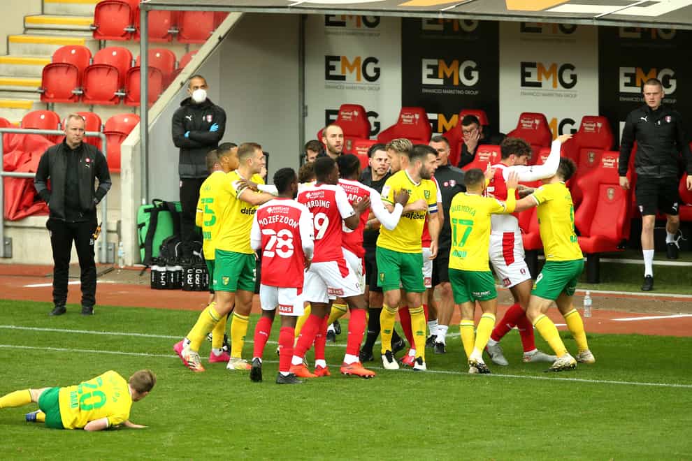 Rotherham and Norwich players clashed after Angus MacDonald's challenge on Oliver Skipp
