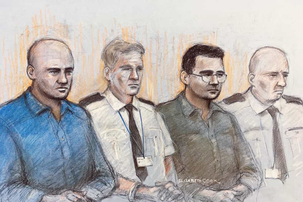 Court artist sketch of Gheorghe Nica (left) and Eamonn Harrison (second right)