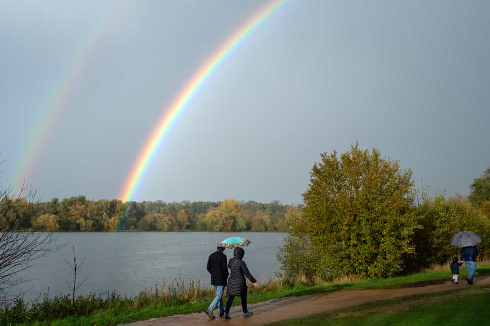 A double rainbow appears after a heavy rain shower at Nene Park in Peterborough