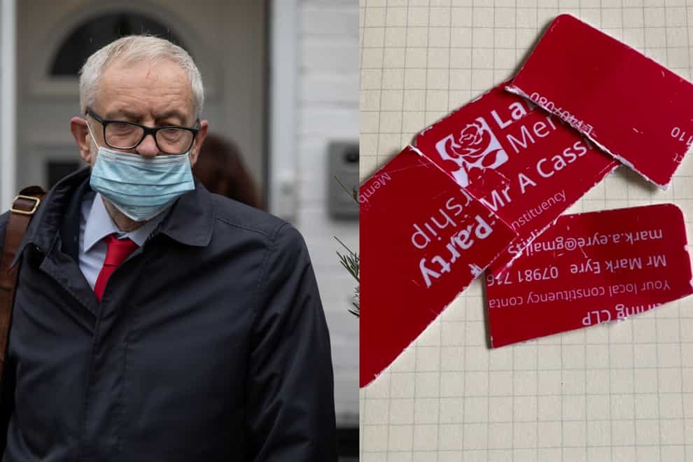 Former Labour leader Jeremy Corbyn leaves his house in North London, and a ripped up Labour Party membership card