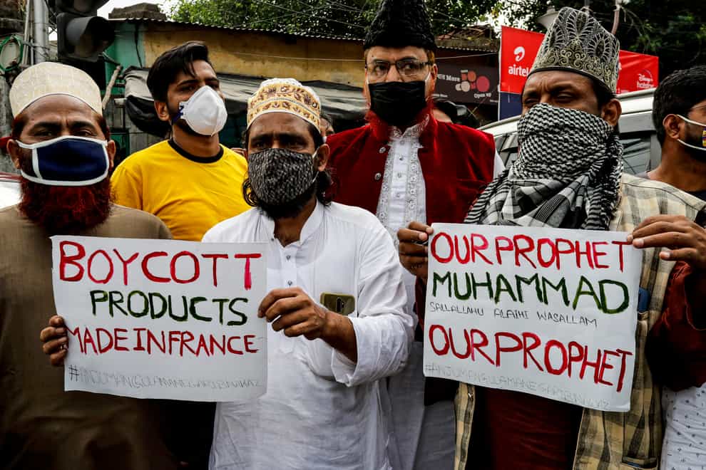 Muslim activists from various organisations participate in a protest against France, near the French Consulate in Kolkata, India