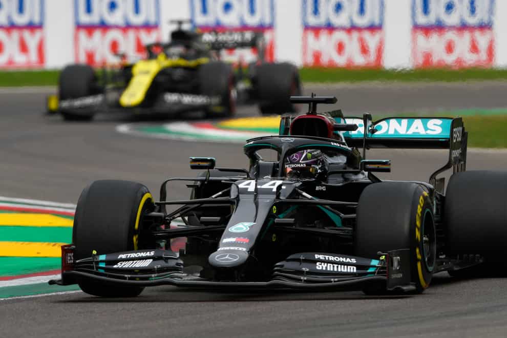 Mercedes' Lewis Hamilton en route to victory in the Emilia Romagna Grand Prix in Imola